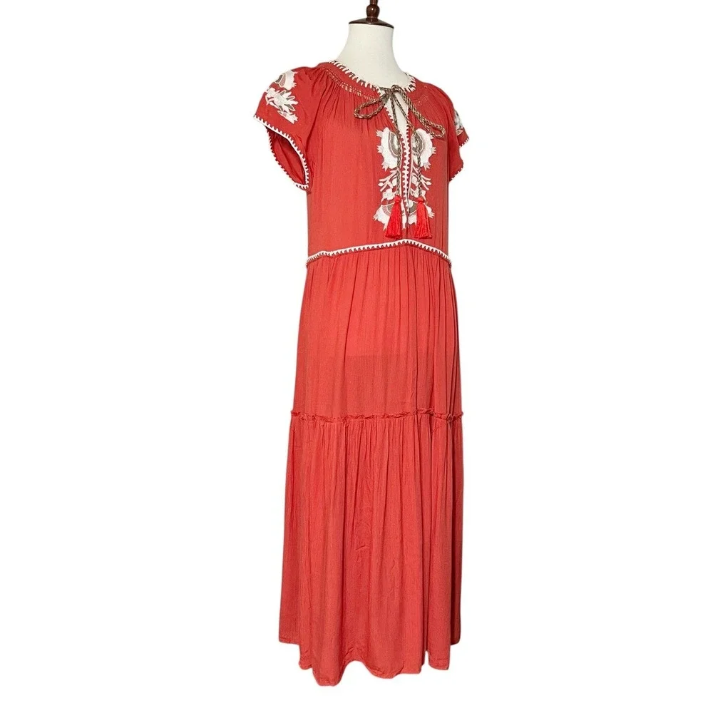 Free People Daisy Fields Maxi Dress Embroidered Tassel Tie Bohemian Boho XS - Picture 4 of 12